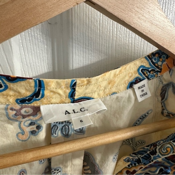 A.L.C. Blouse Puff Sleeve Apricot Ellis Patterned Boho Tie Cotton Size 6 Small - Picture 6 of 7